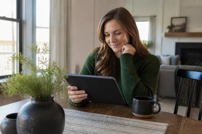 Woman reviewing cash offer on tablet